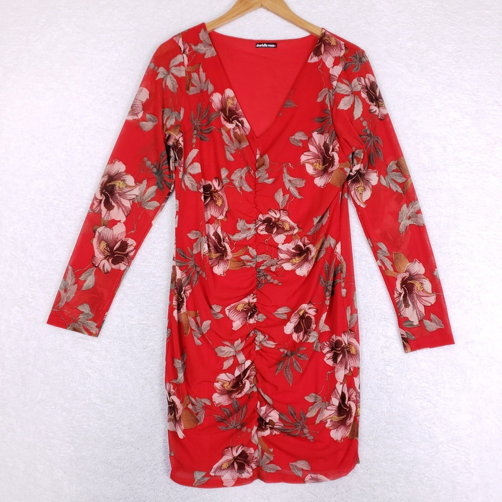 Charlotte Russe Bodycon Dress Womens 1XL Red Floral Mesh Ruched V Neck Y2K